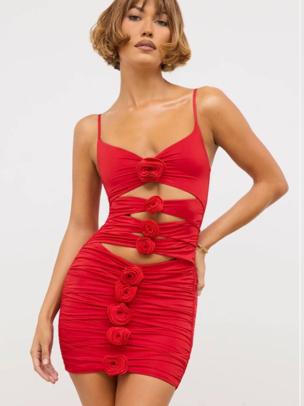 Oh Polly Red Floral Cutout Ruched Mini Dress – NWT